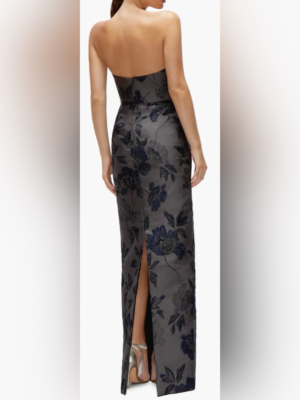 NEW Alfred Sung Metallic Floral Jacquard black navy Strapless Sheath Gown Sz 16 - Picture 2 of 9